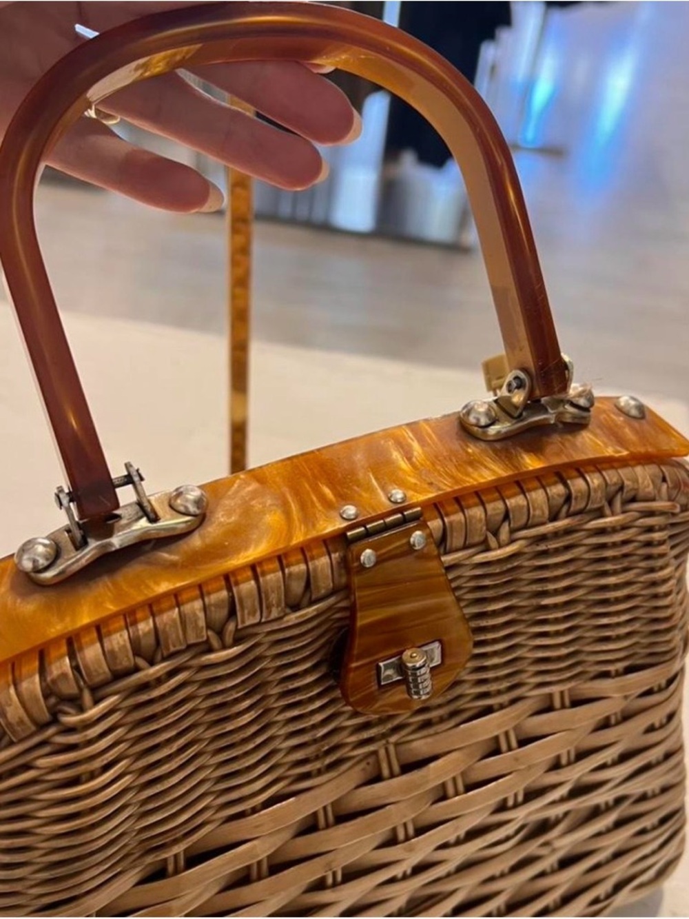 Woven Rattan Handbag with Top Handle - Brown - Picture 3 of 5